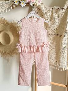 Vintaside Kids 女童春秋季杏色活力纯色无袖露脐上衣搭配修身长裤两件套，适合外出、居家休闲、运动健身和趣味派对。 - 淺粉色 - 查看 4