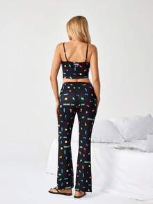 Tetris™ X SHEIN Women's Geometric Print Camisole & Pants Pajama Set - Black - View 2