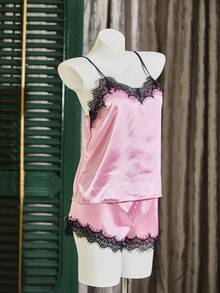 SilkySpell Women's Contrast Lace Camisole And Shorts Pajama Set - Pink - View 3