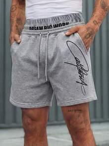 AXEPEAK 男士字母印花抽绳腰带口袋休闲百搭日常短裤 - 淺灰色 - 查看 1