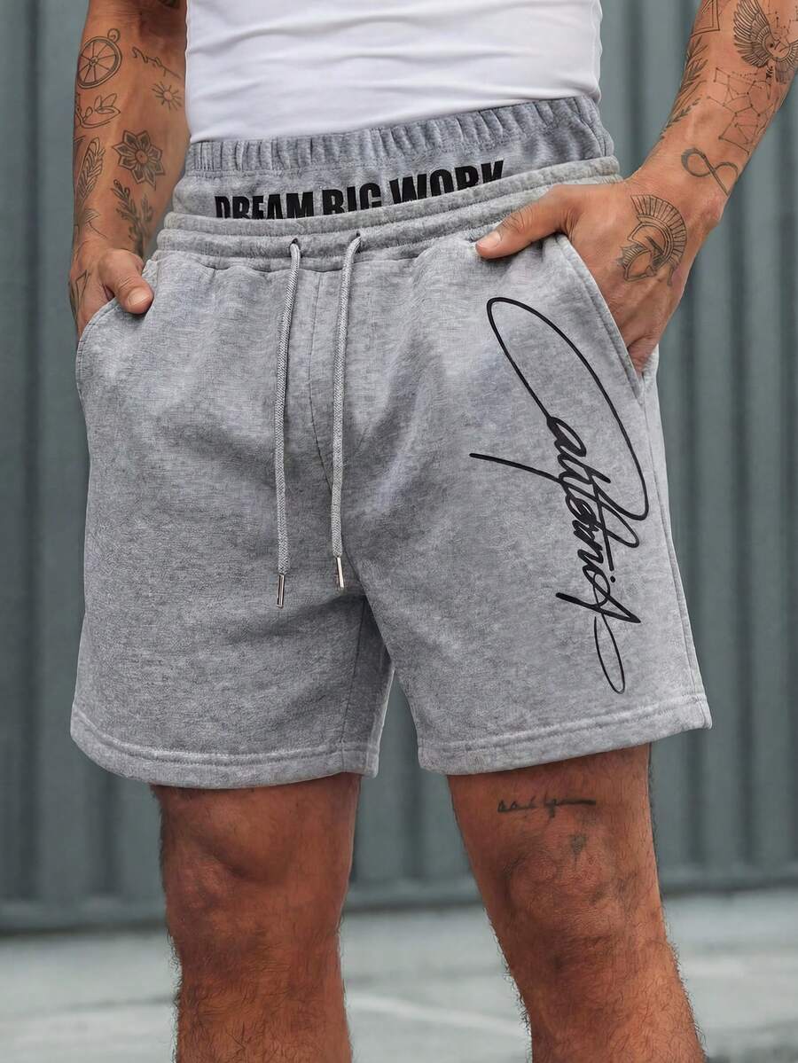 AXEPEAK 男士字母印花抽绳腰带口袋休闲百搭日常短裤 - 淺灰色 - 查看 1