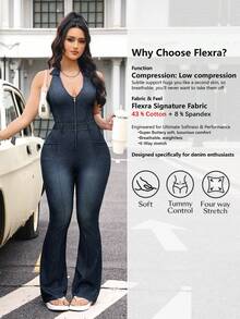 Flexra 女士拉链前开襟露背喇叭裤牛仔连体裤 - 藍色 - 查看 2