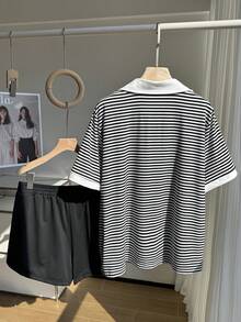 SHEIN EZwear Summer Casual 2-Piece Set,Black And White Striped Horse Embroidery Contrast Collar T-Shirt&Loose Shorts,Bussines School Back-To-School Plus Size Suit - Multicolor - View 2