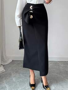 Modelyn 女士黑色针织半身裙，金属扣设计，休闲优雅，春夏款 - 黑色 - 查看 3