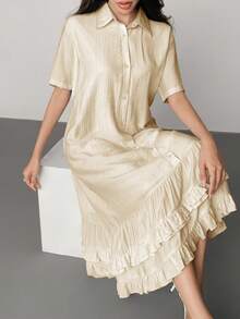 DAZY Women's Elegant Ruffled Collar Loose Mid-Length Dress Sundress Summer - Apricot - View 5