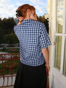 Gretanique Streetwear Women's Plaid Zip Pocket Short Sleeve Shirt - Blue - View 2