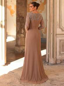 Elegant Luxurious Pearl Beaded, Sequin, Embroidered Mesh & Chiffon A-Line Ruffle Dress, Suitable For Wedding, Party, Holiday, Bridal, Mother Of The Bride, Evening Gown Brown Formal Dress Long Sleeve Formal Dress Elegant Brown Dress Mother Of The Bridal Dress Evening Mother Of Groom Dress Brown Dresses Classy Elegant Brown Wedding Guest Dress Brown Elegant Dress Women Long Sleeve Elegant Dress - Champagne - View 3