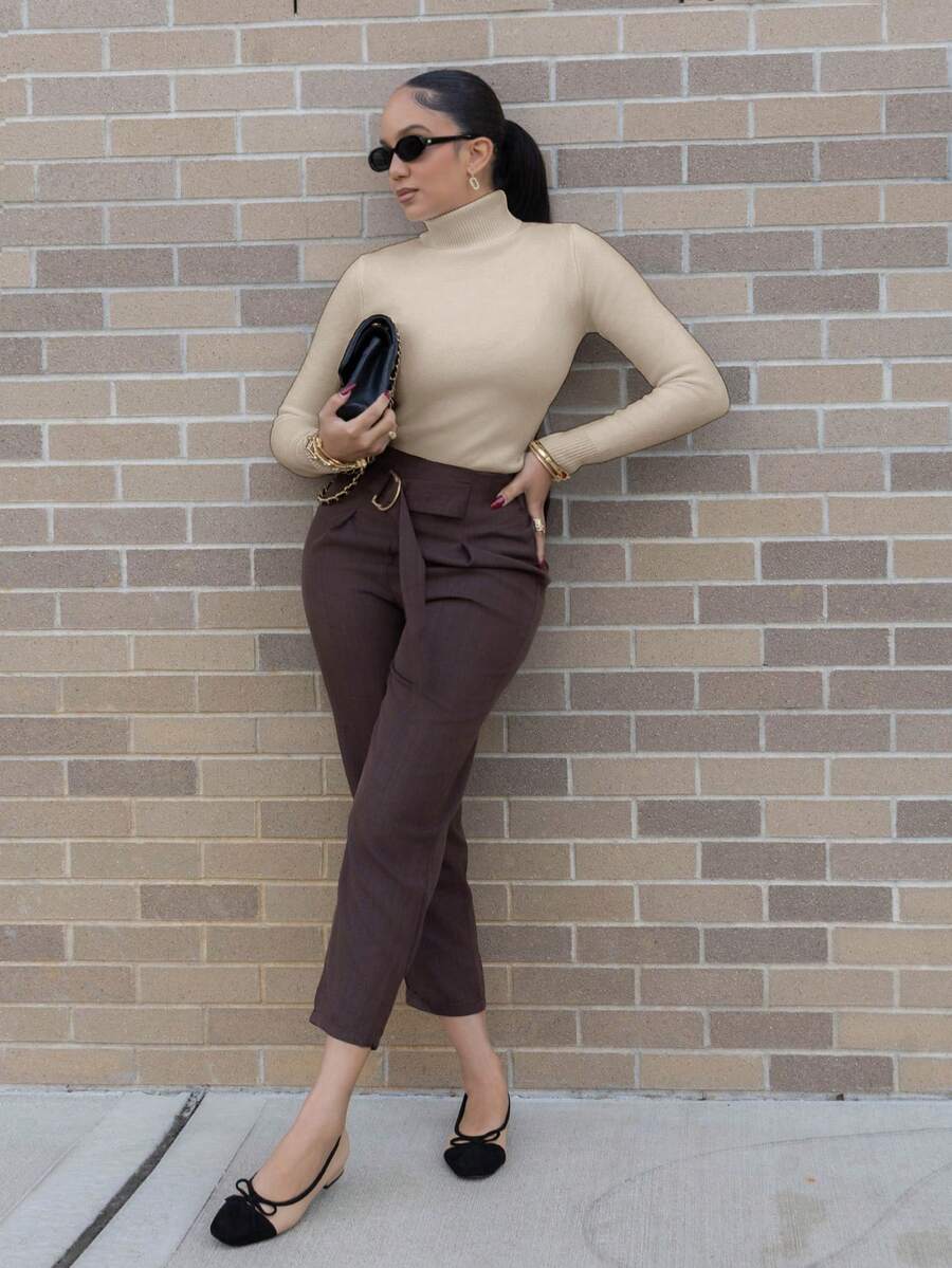 Melissa Matos 高领加厚保暖内衬修身长袖打底衫，适合秋冬季穿着，针织套头衫 - 摩卡棕 - 查看 1