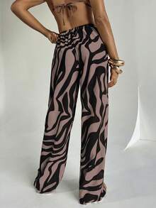Aloruh 女士新款斑马纹低腰阔腿沙滩裤，长款，女士度假装 - 摩卡棕 - 查看 2