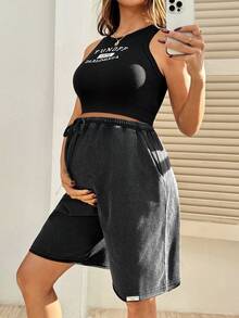 SHEIN Pantalones cortos casuales y versátiles para uso diario con cintura con cordón para maternidad - Negro - Ver 4