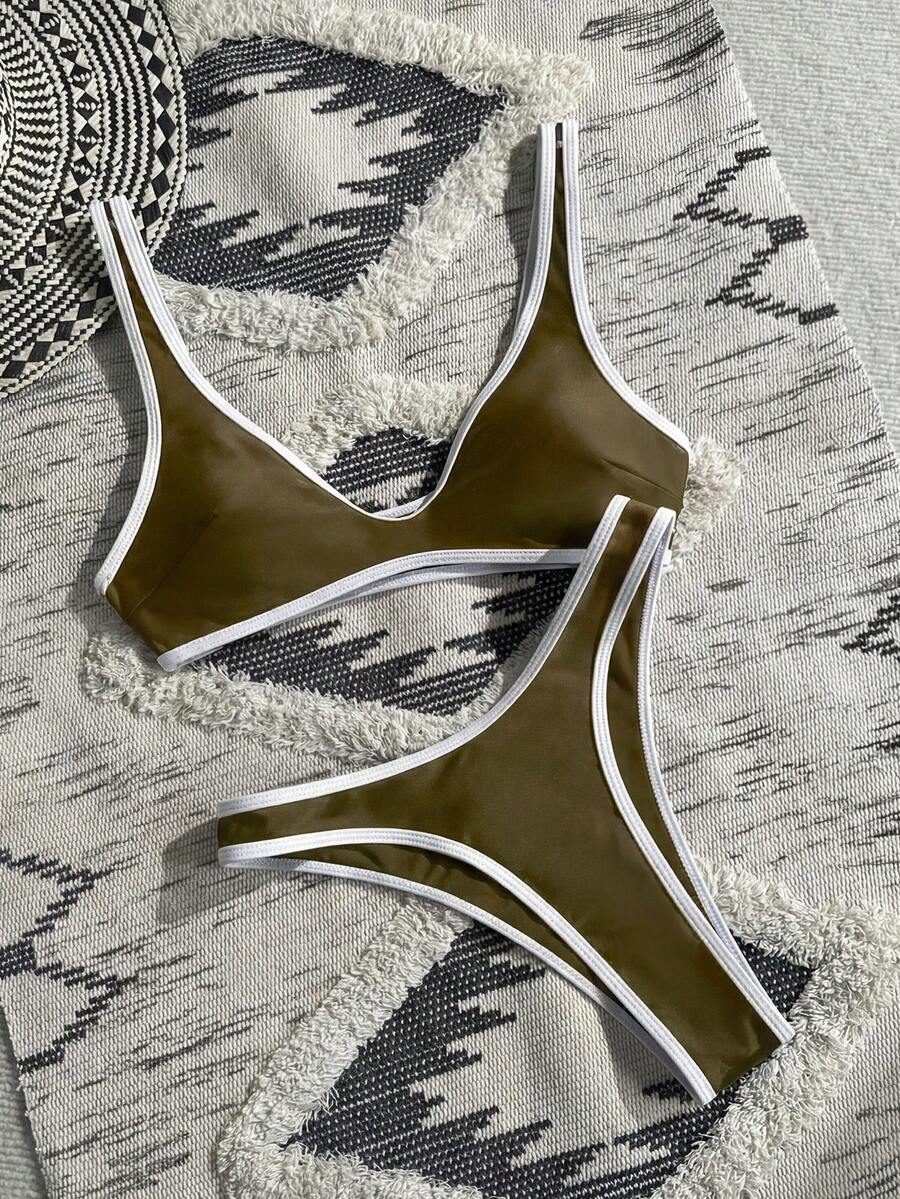 Swim Vcay 女士夏季沙滩拼接撞色休闲比基尼泳装套装，带钢圈流苏比基尼泳衣，金属色连体泳衣，镂空连体泳衣，带钢圈比基尼泳衣，比基尼套装，两件式泳衣，绿色比基尼，撞色滚边比基尼，橄榄绿泳衣，女士泳衣，两件式比基尼，比基尼套装，女士比基尼上衣和下装 - 軍綠色 - 查看 1