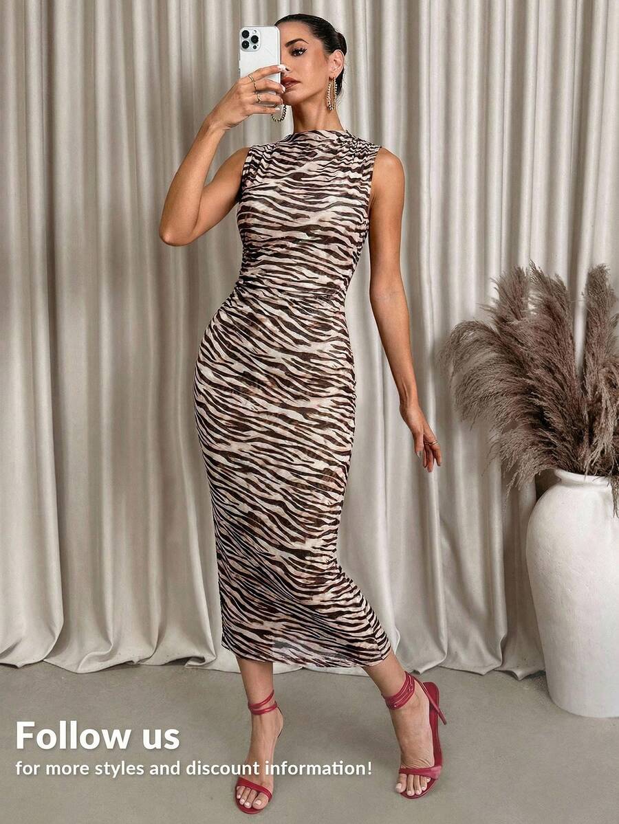 Lavishia Women's Sleeveless Midi Dress, Fashionable Zebra Print, Spring/Summer - Multicolor - View 1