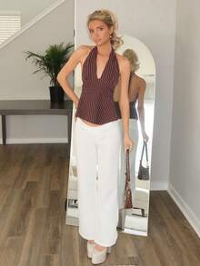 Sydney Algeri Halter Deep V-Neck Cinched Waist A-Line Backless Striped Tank Top - Brown - View 4