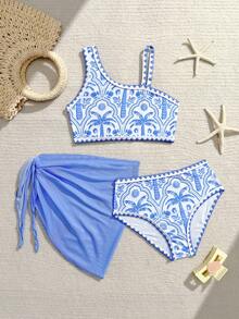 Young Girl Tropical Print Swimwear Cover Up Set - Blue - View 3