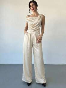 Firerie Women's Casual Elegant Cupro Silk Wide-Leg Pants Two Pieces Set / Apricot Set / Off-Shoulder Set / Metallic Fabric / Summer Cool Set / Summer Outfit For Women / Wedding / Casual Sets For Women / Women's Luxury Set Jumpsuits For Women For Wedding Birthday Outfits For Women Jumpsuit Ladies Jumpsuit For Party - Apricot - View 5