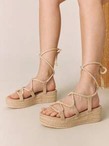 Styleloop 女士厚底坡跟凉鞋，时尚纯色编织休闲厚底坡跟凉鞋，波西米亚风度假复古帆布厚底系带罗马凉鞋，西部风格，音乐节派对装扮，春夏鞋履，春假复活节 - 杏色1 - 查看 7