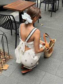 Serisse 女士印花宽松连体裤，适合度假 - 杏色 - 查看 4