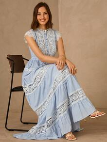 Enchnt Spring/Summer Romantic Women's Blue Sleeveless Stand Collar Lace Trim Maxi Dress,Sweet&Elegant For Vacation&Date&Holiday&Going Out&Valentine's Day,Spring Outfit Women - Blue - View 8