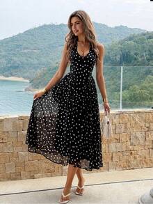 Lucivie 女士优雅性感米白色露背吊带系带深V领露背收腰优雅度假丝滑波点雪纺连衣裙 - 黑色 - 查看 5