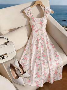 Trelyra 喇叭袖方领露背拉链腰部印花长裙，适合春、夏、秋、冬四季穿着，适合度假，优雅女士休闲连衣裙，百搭日常穿着、约会、通勤皆宜，蓝色印花连衣裙也适合办公室、派对、海滩等场合。 - 彩色 - 查看 2