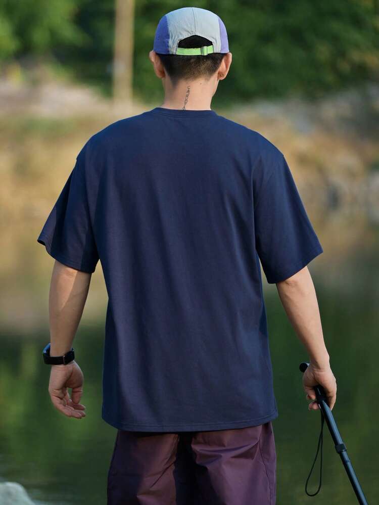 Men's Letter Print Short Sleeve T-Shirt, Navy Blue, Summer