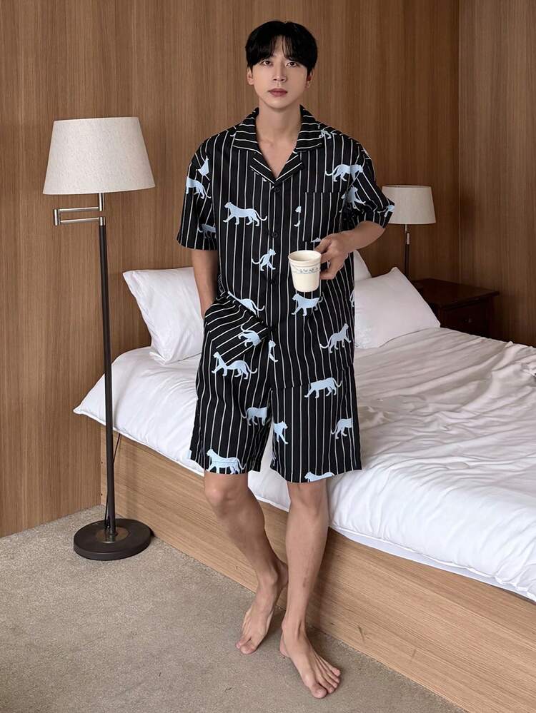 Men's Short Sleeve Shirt And Shorts Pajama Set, Summer