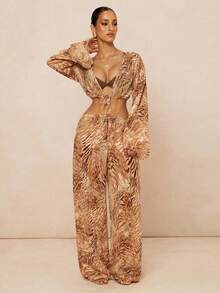 Lumalex 条纹雪纺面料落肩宽袖抽绳长裤，时尚优雅度假沙滩两件套 - 彩色 - 查看 5