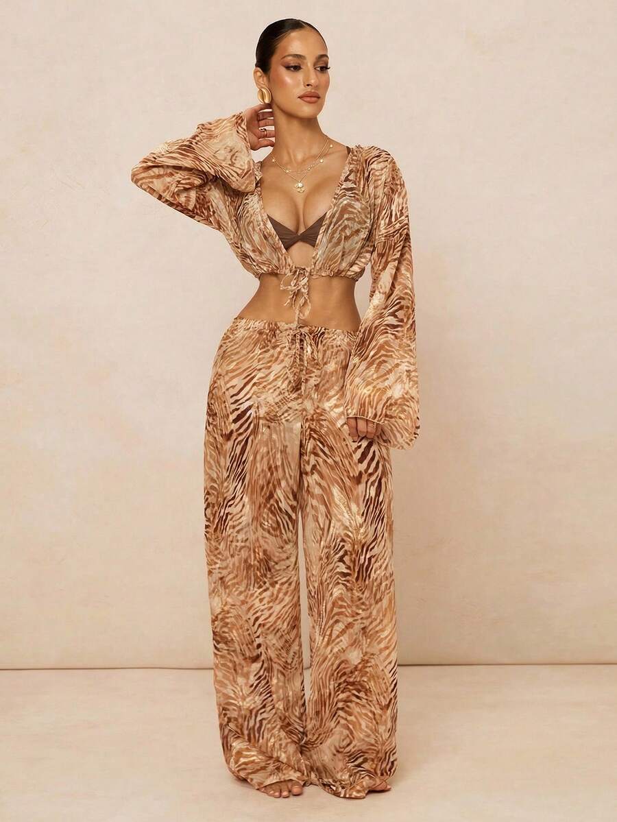 Lumalex 条纹雪纺面料落肩宽袖抽绳长裤，时尚优雅度假沙滩两件套