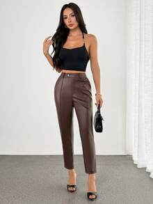 SHEIN PETITE 女士纯色口袋PU皮革前缝裤棕色皮裤女士棕色裤子女士皮裤女士商务休闲裤外出春夏秋季棕色裤子女士春夏裤 - 棕色 - 查看 9