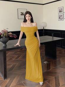 Modelyn 女士露肩褶皱腰身优雅婚礼/场合礼服 - 芥末黃 - 查看 3