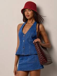 COSMINA 女士牛仔吊带露脐上衣和口袋裙/短裤两件套，休闲优雅Y2K牛仔两件套 - 深色水洗藍 - 查看 1