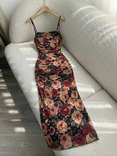 SHEIN MOD Plus Size Vintage 70s Oil Painting Floral Print Ruched Dress – Slim Fit Mermaid Hem For Date, Party, Prom & Festival In Glamorous Court Style,Dark Floral Print Polyester Mesh Dress Spaghetti Strap Design Ruched Bodycon Shape Midi Length Soft Fabric Feminine Style Lightweight Texture Spring Summer Daily Wear Street Wear Women's Dress, Summer Dresses Bustier Dress Corset Midi Dress Rose Dress Long Floral Dress Bodycon Summer Dress