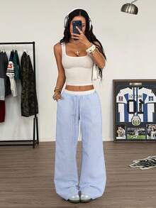 Muchica 女士藍色條紋織物寬褲，寬鬆版型休閒長褲 - 藍白色 - 查看 5