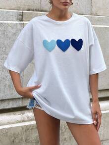 EURMUSE Áo thun trắng dáng rộng 100% cotton với họa tiết trái tim thêu. - trắng - Xem 5