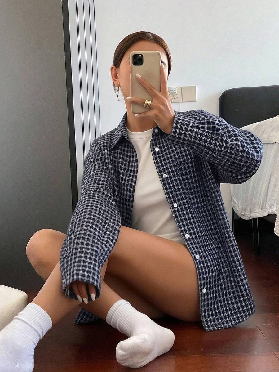 DAZY Plaid Loose Long Sleeve Collared Shirt For Women - Teal Blue - View 1