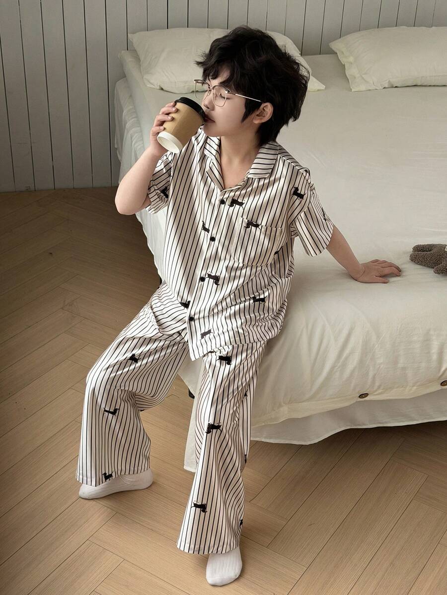 Dazy Kids Tween Boy Striped Puppy Print Single-Breasted Short Sleeve Top And Wide Leg Pants Casual Loungewear Pajama Set - Apricot - View 1