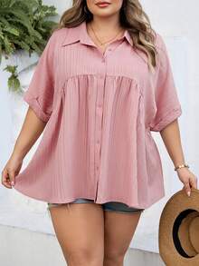 SHEIN CURVE+ Taglie curvy US22 Blusa stile francese con bottoni frontali, adatta per festival musicali, vacanze al mare, stile bohémien estivo. Tessuto confortevole e strutturato, casual e ampia, maniche corte, ideale per vacanze, spiaggia, laurea, tea festa, uscite. - Rosa antico - Visualizzare 6