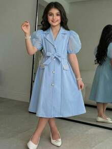 SHEIN Tween Girl Spring/Summer Collared Button-Up Long Cardigan Dress With Pearl Decor Sash - Blue - View 4