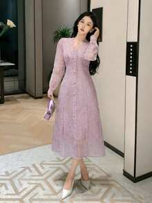 DAZY Elegant Lace V-Neck Women's Lace Dress, Suitable For Wedding Guest Attire In Spring Summer - Mauve Purple - View 3