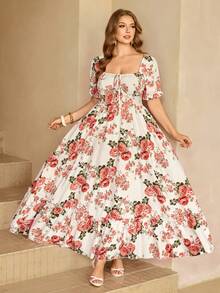 Roveilla 大码优雅印花雪纺连衣裙，休闲度假装，春夏款 - 彩色 - 查看 7