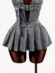 Mistrie Women's Sexy Hollow-Out Halter Neck Denim Dress With Eyelet Buckle Design - Black - View 6