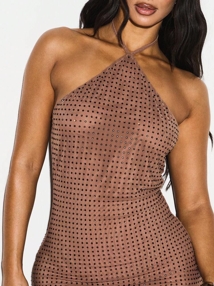 KIZN Women's Hotfix Halter Neck Mini Dress Bodycon Party Dress Summer Sleeveless Backless Evening Cocktail Dress With All Over Dotted Pattern