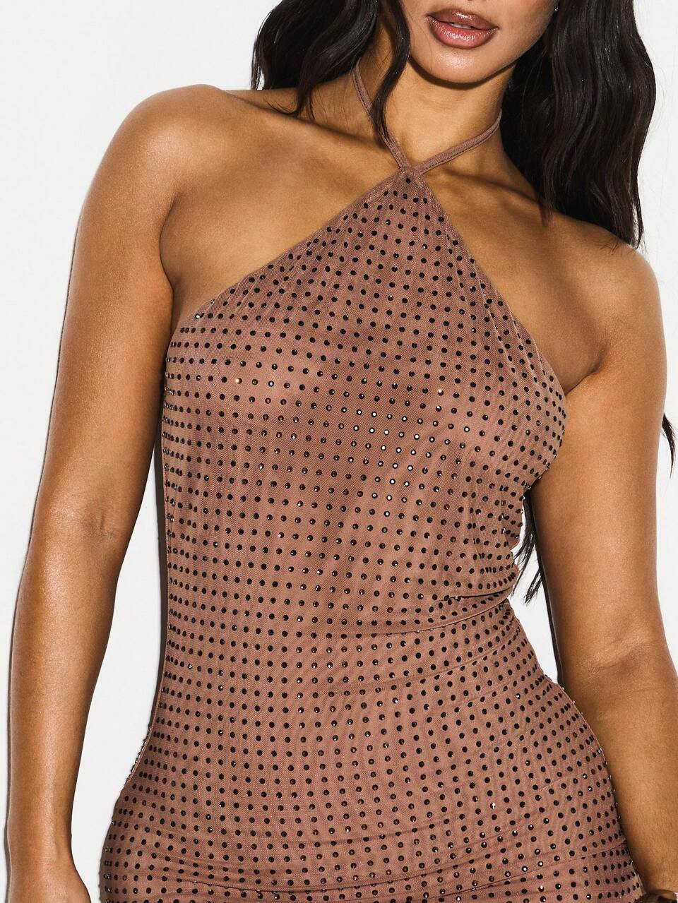 Women's Hotfix Halter Neck Mini Dress Bodycon Party Dress Summer Sleeveless Backless Evening Dress With All Over Dotted Pattern