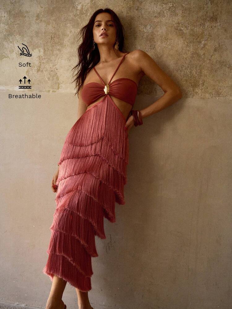 ELEGANT STRAPLESS HOLLOW OUT TASSEL DECOR WAIST FLOWY VACATION COVER UP DRESS