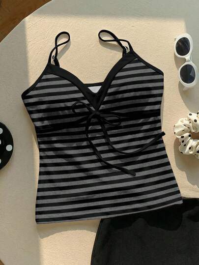 Comfortcana Women's Black & Grey Stripe Graphic Contrast Tie-Strap Camisole Top – Cute Y2K Retro Vintage Western Festival Soft Girl Clean Girl Summer Yoga Sports Sweet Date Casual Home School Spring Summer Vacat