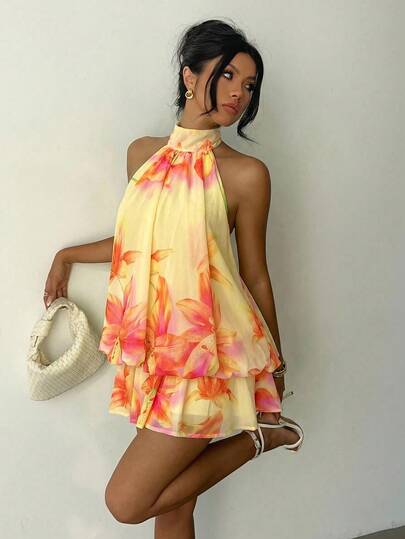 Aloruh Women's Elegant Light Yellow Halter Neck Tie Mini Dress