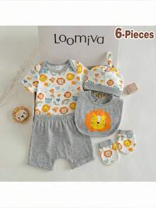 Loomiva 5pcs/Set Newborn Baby Boy/Girl Cute Animal Print Soft & Comfortable Romper + Shorts + Bib + Hat + Mittens Set - Multicolor - View 1