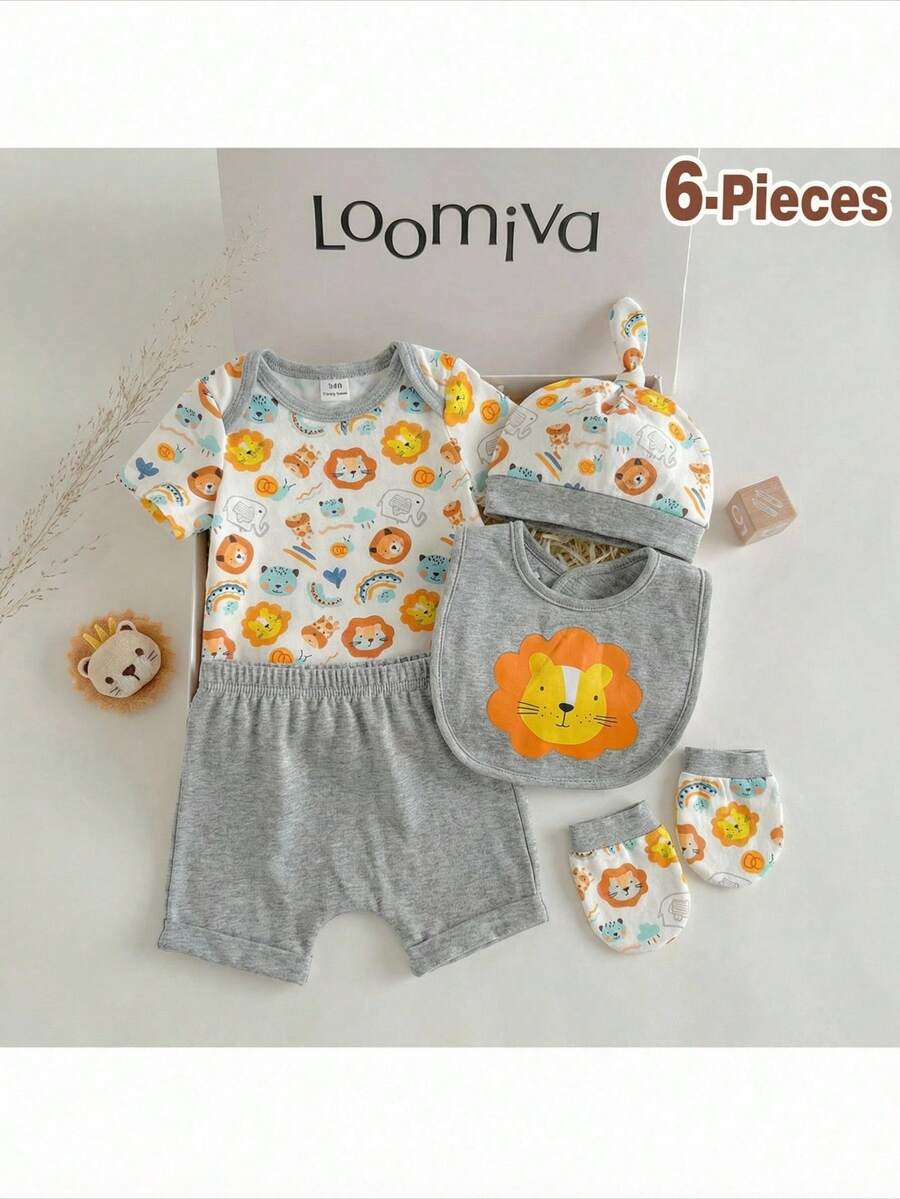 Loomiva 5pcs/Set Newborn Baby Boy/Girl Cute Animal Print Soft & Comfortable Romper + Shorts + Bib + Hat + Mittens Set - Multicolor - View 1