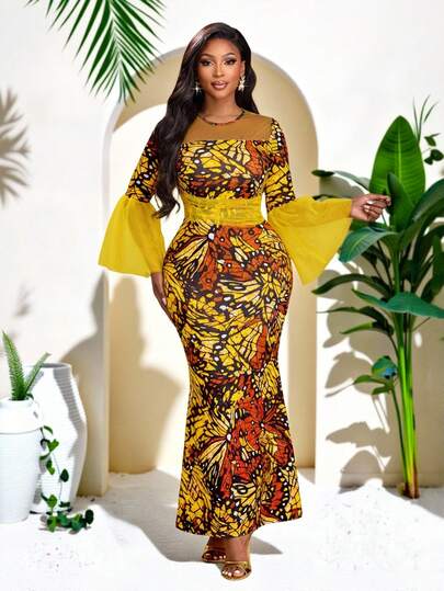 Brilight Women's Tropical Elegant Patchwork Contrast Color Mid-Length Mesh Trumpet Sleeve Slim Fishtail Dress, South African Elegant Dress, Suitable For New Year's Party, Holiday Dress, Daily Casual, Christmas, Thanksgiving, Wedding Season Guest Dress And Other Occasions, Women's Autumn Dress, Spring And Summer Dress