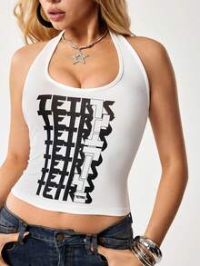 Tetris™ X SHEIN Áo hai dây hở lưng in chữ dành cho nữ - trắng - Xem 5